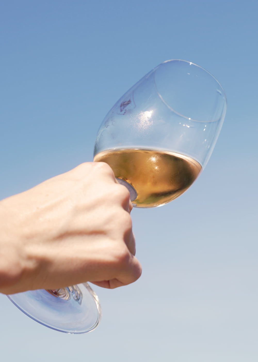 A hand holding a glass of Hanikon Rosé against a clear blue sky. The rosé wine catches the sunlight, showcasing its vibrant color and clarity, reflecting the quality and heritage of Hanikon's winemaking.